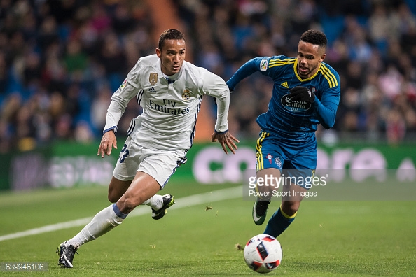 Danilo Luiz Da Silva of Real Madrid battles for the ball