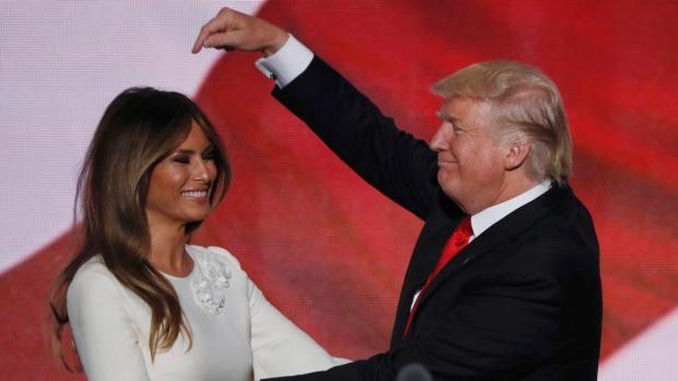 Melania Trump appears on stage with her husband, Donald Trump, at the Republican National