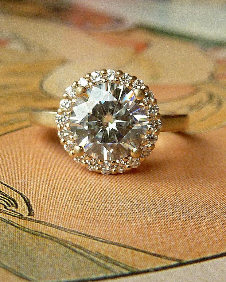 Round Moissanite and Diamond Halo Ring - 14k Yellow Gold