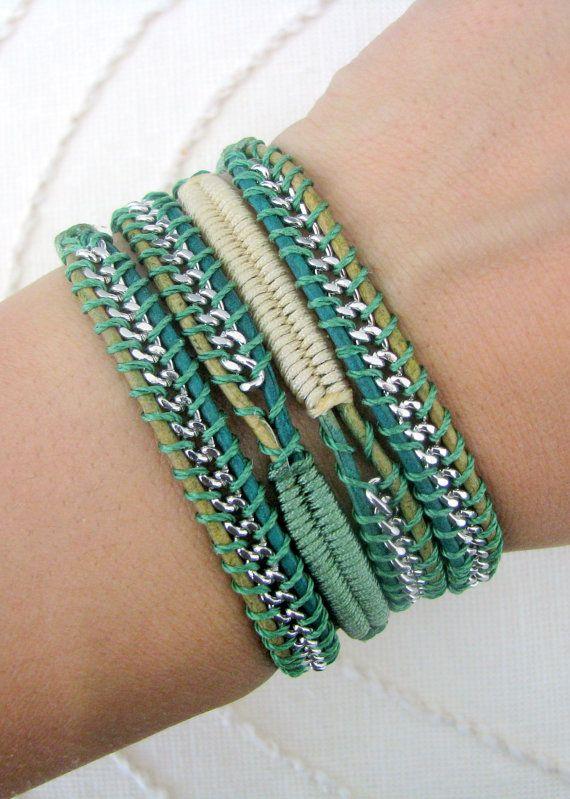 Chain Wrap Bracelet with Macrame in Fern and Champange Thread and a Bu