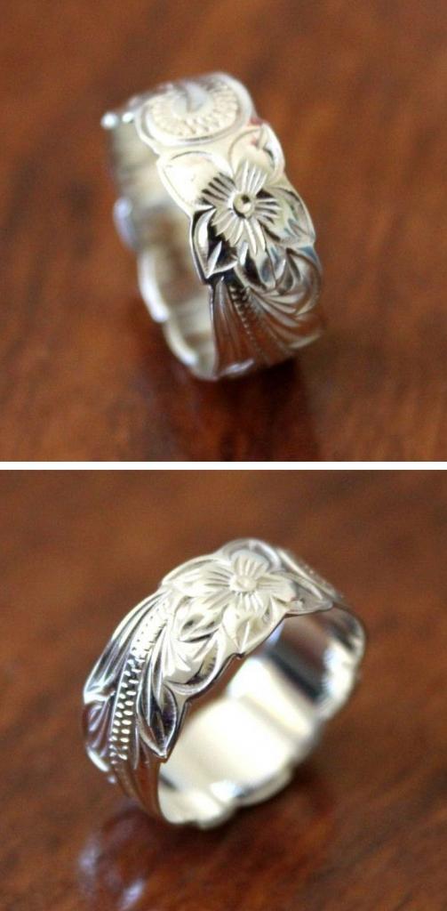 Sterling silver plumeria heritage scroll ring