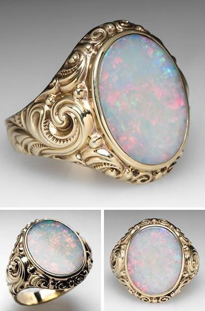 Vintage scroll opal ring