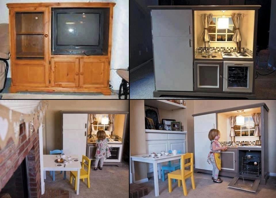 Discarded TV cabinet turned into play kitchen