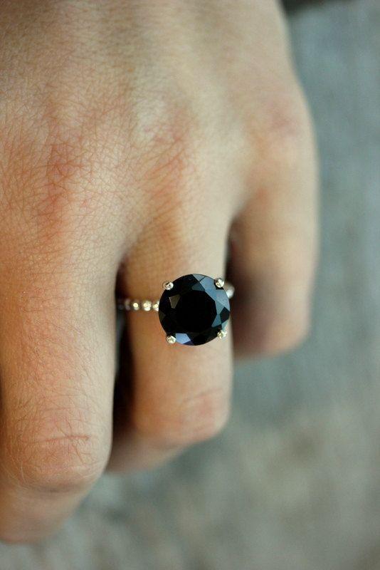 Black Spinel Precious Gemstone and Sterling Silver Solitaire Ring, Coc
