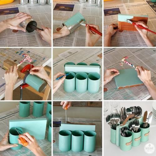 How to make cans and wood cutlery holder