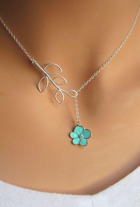 Aqua Orchid Flower with CZ and Branch lariat necklace. Bridal. Wedding