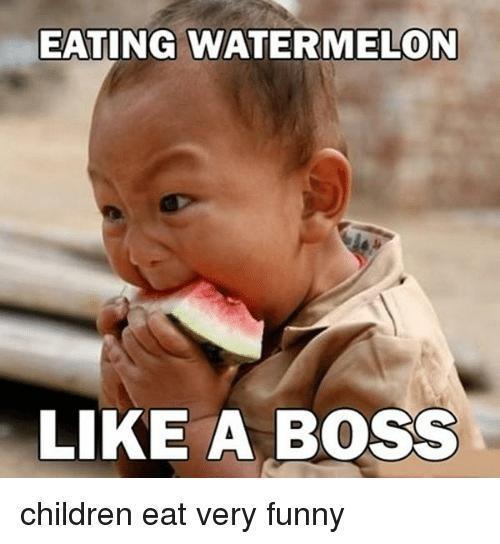 Child eat watermelon with angry