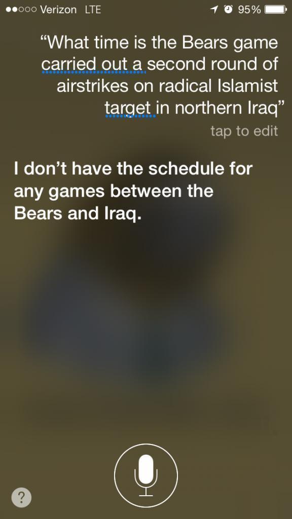 Asked Siri what time the Bears game starts tonight while listening to 