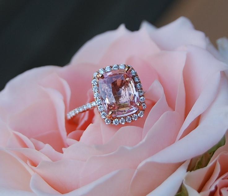 Cushion Peach sapphire Champagne sapphire 14k rose gold diamond ringâ€