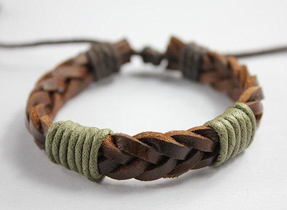 Men or women brown knit leather bracelet with cord wraps