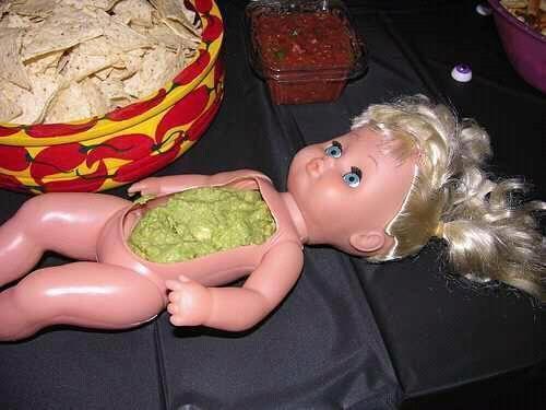 DIY baby doll upcycled into a dip bowl. genius. I must say it tasted s