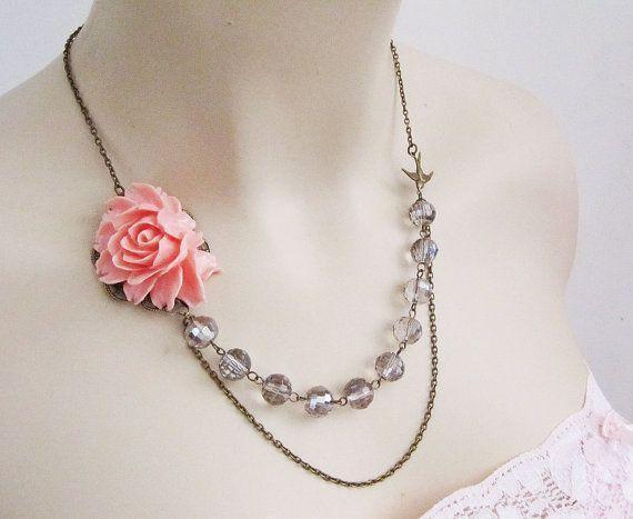 Elegance. Pink Rose Flower Cabochon, Antique Brass bird charm and Grey