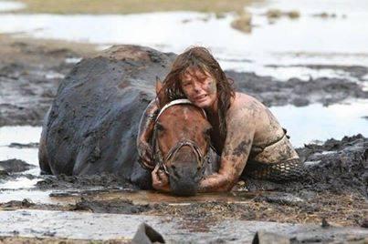 This horse got stuck in the mud. The woman had been holding it's head