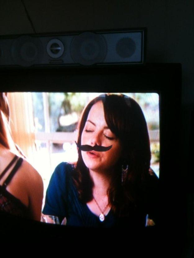 The Best Drinking Game Ever  Step 1 Attach a mustache to your TV. Step