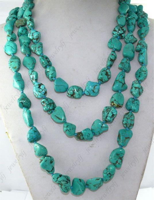 Fashion 3strand turquoise nugget stone beads necklace knotted