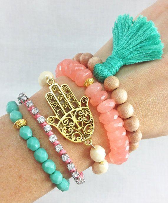 Boho Beachy Bracelet Stack in Mint and Coral