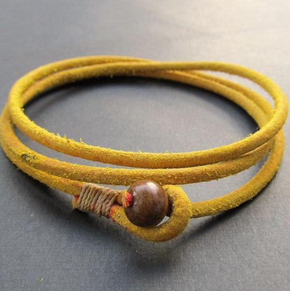 Mens yellow rought leather wrap bracelet