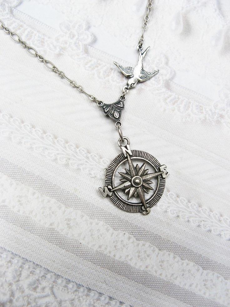 Silver Compass Necklace Silver Guidance Steampunk by birdzNbeez
