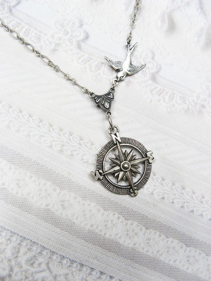 Silver Compass Necklace Silver Guidance Steampunk by birdzNbeez