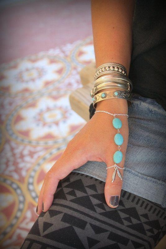 Gorgeous silver chain and Turquoise Thumb finger slave bracelet Adjust