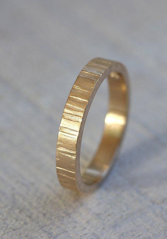 Yellow Gold Men's tree bark wedding band