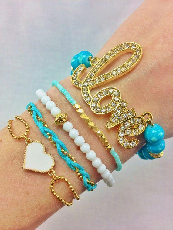 Love Teal Bracelet Stack Set