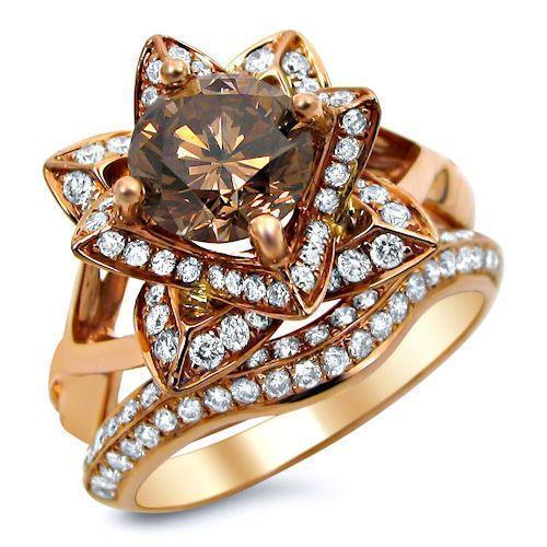 2.0ct Brown Round Diamond Lotus Flower Engagement Ring Set 14k Rose Go