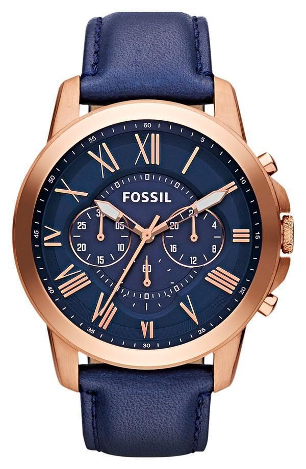 Fossil 'Grant' Round Chronograph Leather Strap Watch