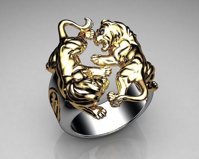 Unique Mens Ring Lion Ring Sterling Silver and Gold with Black Diamonds By Proclamation Jewelry