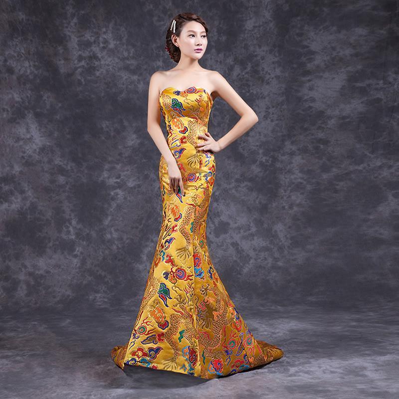 Yellow Cheongsam Qipao Long Chinese Traditional Wedding Dress