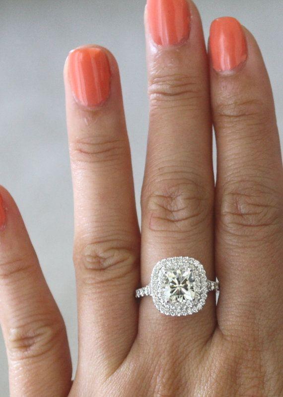 Cushion Moissanite Diamond Split Shank Engagement Ring in 14K White