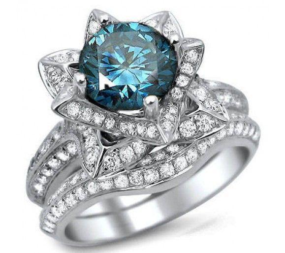 3.0ct Blue Round Diamond Lotus Flower Engagement Ring Set 14k White Go